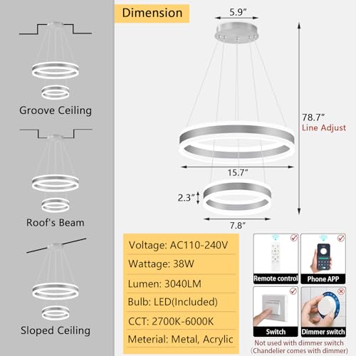 D7.8''+15.7'' Modern Ring Chandelier for Dining Room LED Dimmable Pendant Lighting for Living Room Foyer Bedroom Entryway 3000K