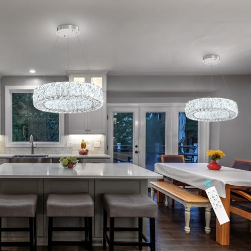 16 Inch Chandelier Glam Dimmable LED Crystal Chandeliers Luxury Round Pendant Lighting Fixtures for Dining Room Bedrooms Silver