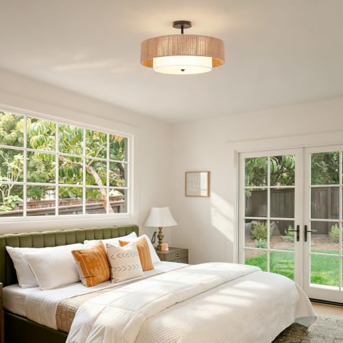 Bohemian Wicker Flush Mount Ceiling Light