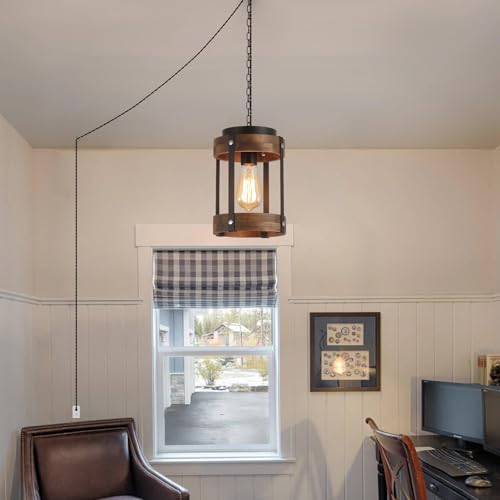 Rustic Farmhouse Plug in Pendant Light Fixture with Adjustable Chain