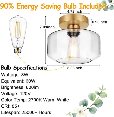 Industrial Semi Flush Mount Ceiling Light Brushed Gold