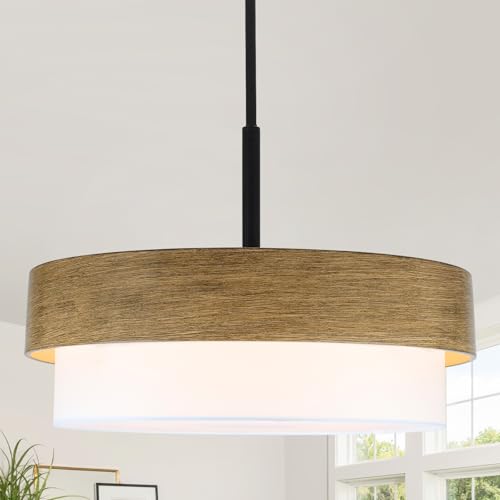 23.6" Large Wood Texture Drum Chandelier for Dining Room with White Fabric