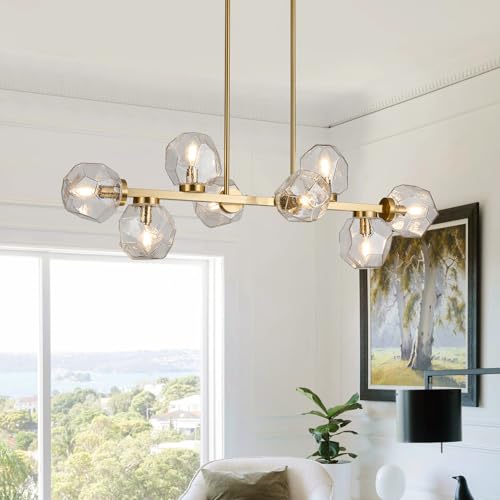 Modern Linear Chandeliers 8 Light Clear Glass Dining Room Light Fixture 39" Gold Mid Century Chandelier Pendant Light for Living Room Kitchen Island