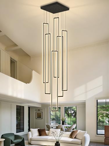Modern Chandeliers for Entryway High Ceiling Large Rectangle Chandelier LED Dimming Black Contemporary Chandelier for Staircase Foyer 2700k