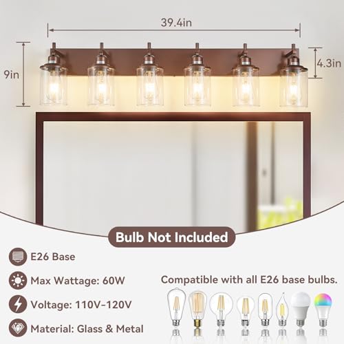 6 Light Bronze Bathroom Light Fixtures Over Mirror