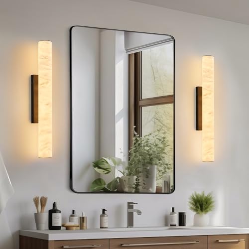 Natural Alabaster Wall Sconces Spanish Marble Wall Light Cylinder Modern Black LED Sconce for Living Room Bedroom Bathroom Stairs（M