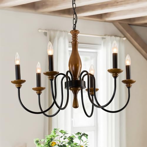 Farmhouse Wood Chandelier for Dining Room Rustic Candle Ceiling Chandelier Black Adjustable Hanging Light Fixture for Kitchen Living Room Foyer Entryway