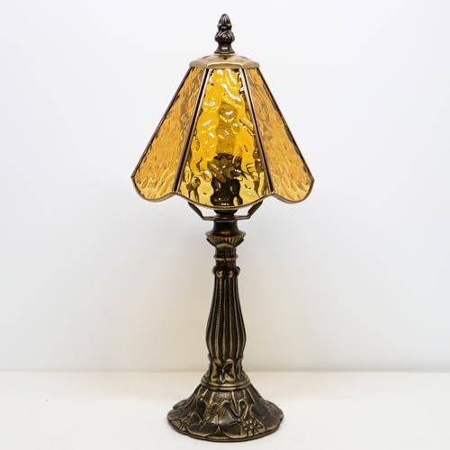 Small Tiffany Table Lamp Yellow Rippled Stained Glass Desk Lamps 6X6X14 Inch Bronze Resin Base Antique Mini Accent Light