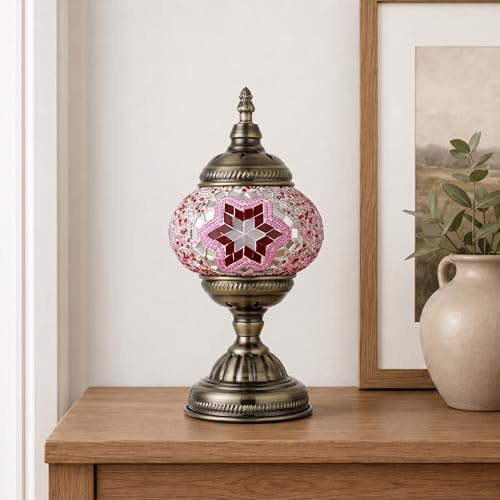 Turkish Moroccan Table Lamp Lantern with Handmade Mosaic Glass Lampshade Tiffany Style Bohemian Stained Glass Decorative Desk Lamps Bedside Night Lights for Bedroom