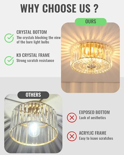11.88-Inch 2-Light Gold Crystal Flush Mount Ceiling Light Fixture
