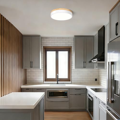 Dimmable LED Wood White Round Flush Mount Ceiling Light 11.81 Inch