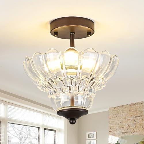 Vintage Oil Rubbed Bronze Semi Flush Mount Light with Floral Class Shade (Oil-Rubbed Bronze)