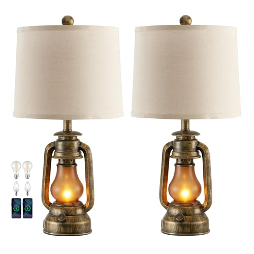 Set of 2 Farmhouse Lantern Table Lamps for Living Room with 2 USB Charging Ports (2 Count)