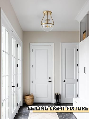 8 Inch Mid Century Ceiling Light Modern Gold Semi Flush Mount Ceiling Light with Clear Glass Shade Globe Semi Flush Mount Ceiling Light Fixture for Bedroom Hallway Bathroom Foyer
