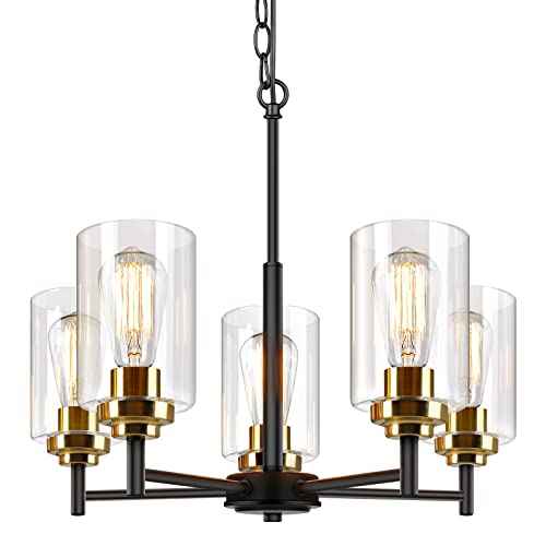 Sucolite 19.8'' Dia 5-Light Chandelier for Dining Room Kitchen Island, Modern Farmhouse Pendant Lighting with Glass Shades Black & Gold Ceiling Light Fixture for Living Room, Height Adjustable