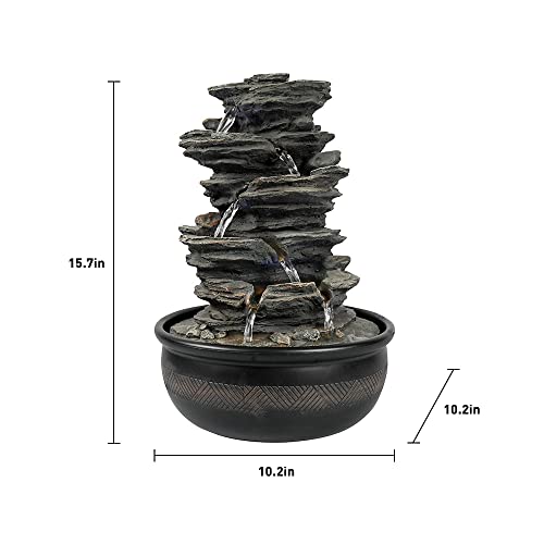 15.7” High Rock Falls Tabletop Water Fountain with LED Lights