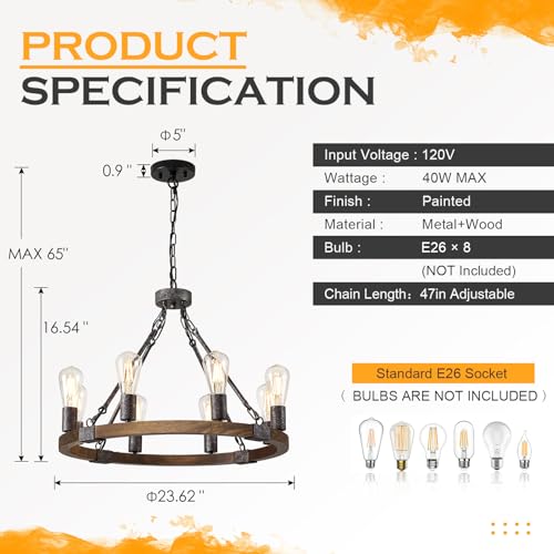 Farmhouse Wagon Wheel Chandelier 24" 8