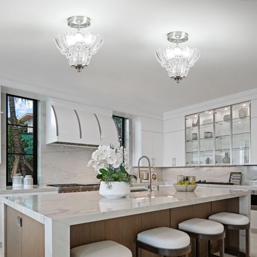 Brushed Nickel Semi Flush Mount Light with Floral Class Shade (Nickel)