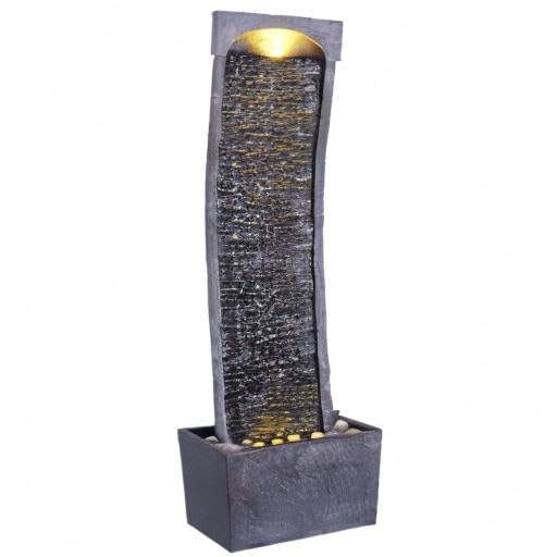 38.58 in. Modern Curved Faux Slate Waterfall Fountain for Indoors or Outdoors with LED Light Accents and 1.98
