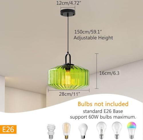 Green Glass Pendant Light Fixture Large Hand Blown Globe Shade