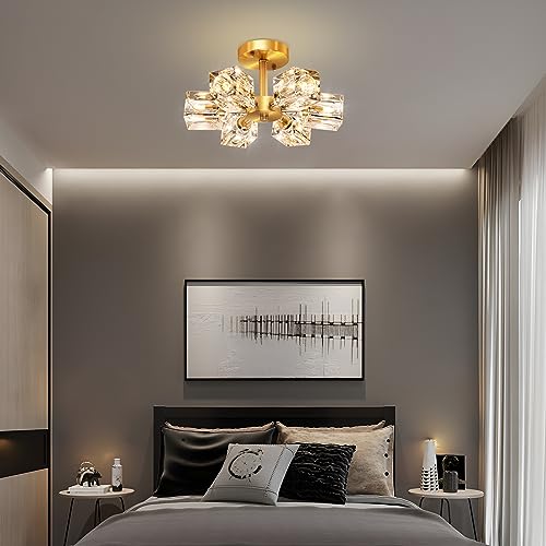 Semi Flush Mount Ceiling Light Fixture Modern 6 Lights Gold Crystal Chandelier