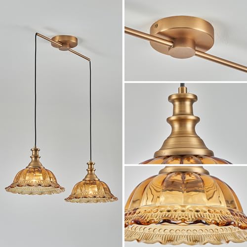 Vintage 2 Light Pendant Light Fixtures Modern Brown Glass Hanging Lighting with Adjustable Cord for Kitchen Island Dining Room Living Room Hallway (2 Count)