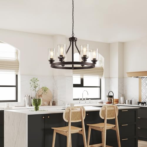 6 Light Farmhose Chandelier for Dining Room Light Fixture Oil Rubbed Bronze Kitchen Pendant Light Round Rustic Ceiling Hanging Lighting with Glass Globes Adjustable Height Metal E26