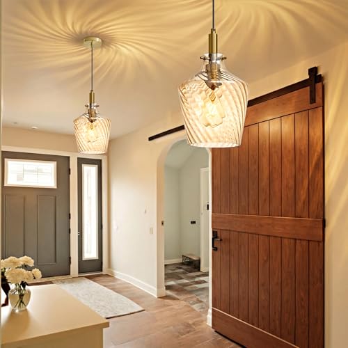 Stripes Amber Glass Pendant Light for Kitchen Island Gold 8 Inch 1 Pack