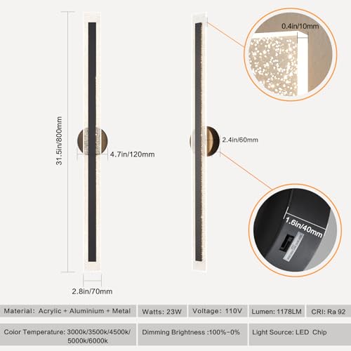 Modern Black Wall Sconces 31.5In Hardwired Wall Light Fixtures Dimmable LED Sconce Wall Lighting Indoor Wall Lamps for Living Room Bedroom Bathroom Hallway Stairs
