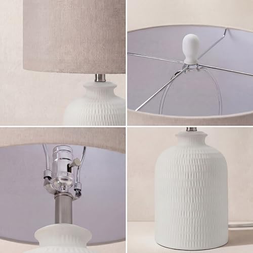 Home 24" White Textured Ceramic Table Lamp with Tan Linen Shade