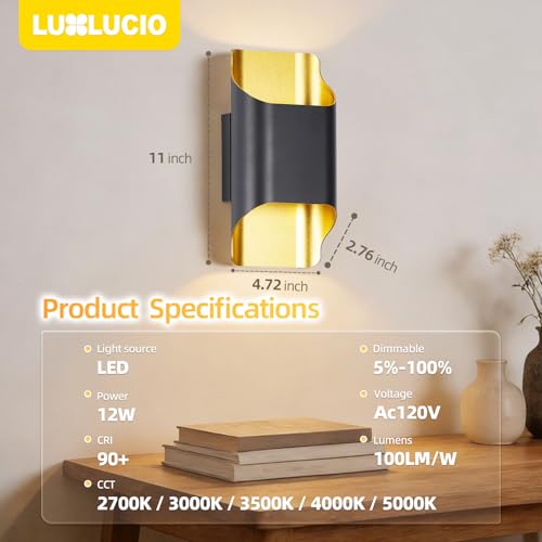 Black & Gold 11" Up & Down Indoor Outdoor LED Wall Sconce (Balck&Gold / 2 pack)