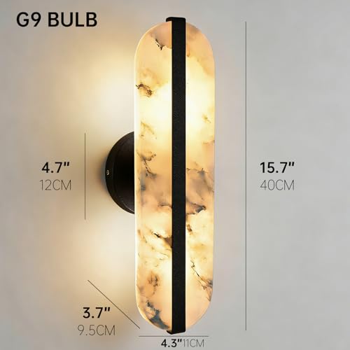 15.7" Natural Alabaster Wall Sconces Marble Wall Sconces Black Bathroom Vanity Wall Light Fixtures Modern Oval Stone Wall Lamp for Bedroom Living Room Hallway Restaurant