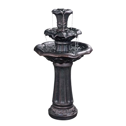 Lily Flower Floor Pedestal 3 Tiered Floor Waterfall Fountain with Pump for Outdoor Patio Garden Backyard Decking