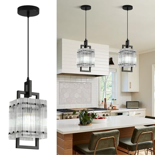Modern Pendant Light Fixtures with Clear Glass Matte Black Pendant Lights Kitchen Island Adjustable Square Hanging Pendant Lighting for Dining Room Over Sink Hallway 1 Pack 12 inches