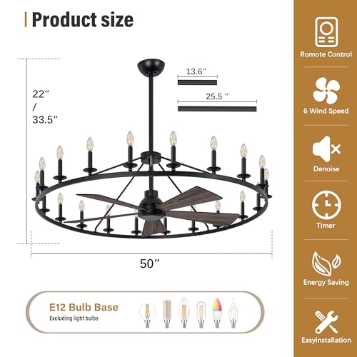 50" Black Wagon Wheel Chandelier with Fans