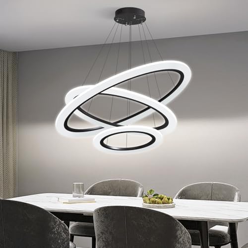 Modern LED Chandelier 3 Ring Chandelier for Dining Room Living Room Pendant Lighting High Ceiling Hanging Light Fixture for Bedroom Foyer Black