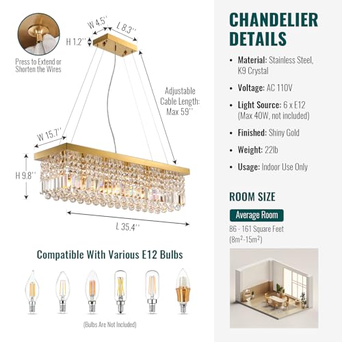 6 Light Modern Crystal Chandelier Rectangular Gold K9 Crystal Raindrop Chandelier for Dining Room