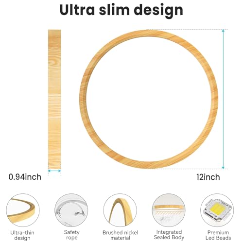 12Inch 28W Wood LED Flush Mount Ceiling Light