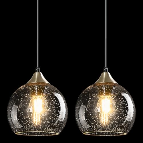 Clear Glass Pendant Lights Kitchen Island Lighting Globe Pendant Light Fixtures Modern Pendant Lighting for Kitchen Island Bedroom Living Dining Room Light Fixture (2 Count)