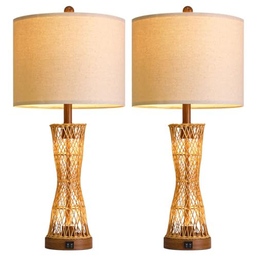 27" Table Lamps Set of 2 with Rattan & Dual Lights (2 Count)