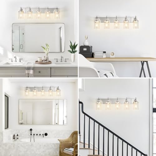 5 Light Brushed Nickel Bathroom Light Fixture Over Mirror Modern Bathroom Vanity Light Vintage Wall Lighting with Clear Glass Shade for Bathroom