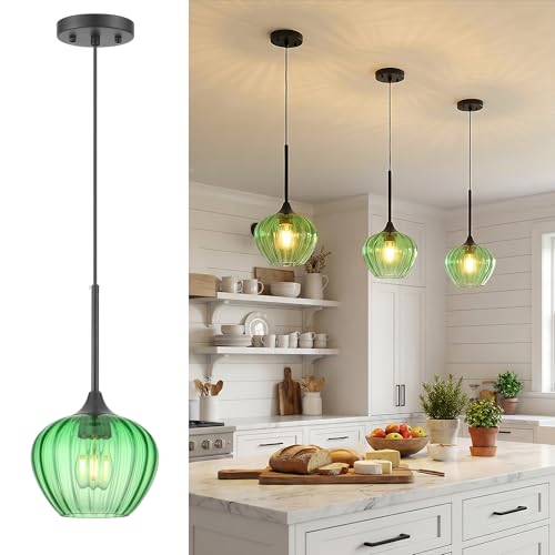 Green Glass Pendant Lights Kitchen Island with Black Finish