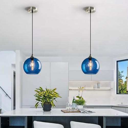 Blue Glass Pendant Lights Kitchen Island Lighting Globe Pendant Light Fixtures Modern Pendant Lighting for Kitchen Island Bedroom Living Dining Room Light Fixture (3 Count)