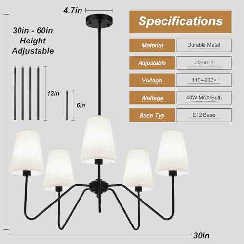 5-Light Modern Chandeliers, 30" Black Farmhouse Light Fixture | Linen Beige Fabric Shade, Adjustable Hanging Lights for Living Room, Bedroom, Hallway, Entryway, Kitchen Island, E12