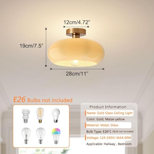 Gold Brass Flush Mount Ceiling Light Fixtures Mid Century Modern Ceiling Lights Brushed Milk Yellow Shade Glass Semi Flush Mount Light for Farmhouse Hallway Kitchen Sink Ceiling Lamp