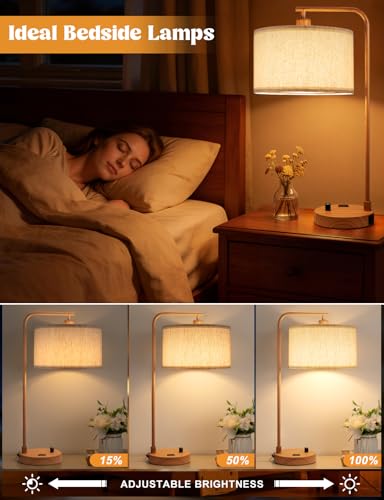 Wood Table Lamp for Bedroom with USB Port and Outlet