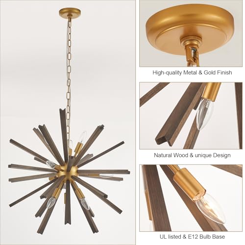 9 Light Wood Sputnik Chandelier for Entryway (9 Count)