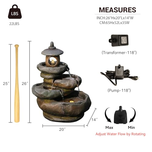 25.2" H 4 Tiered Pagoda and Imitation Rock Outdoor Water Fountain