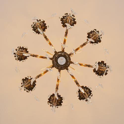 Vintage 8 Arms Crystal Chandelier Candle Light Fixture for Dining Room Living Room Bedroom Hallway Entryway Antique Gold Finish