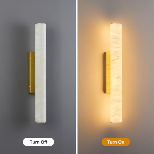 Natural Alabaster Wall Sconces Set of Two Spanish Marble Wall Light Cylinder Modern Gold LED Sconce for Living Room Bedroom Bathroo Stairs（M (2 Count)